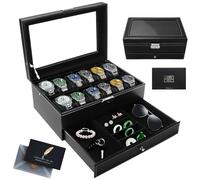 KIMIGO Boîte à montres à 2 couches,Coffret à Montres avec couvercle en verre,Rangement pour Montres en Cuir,12 compartiments et 1 tiroir,pour montres, bagues, bracelets,Boîte de Montre Noir
