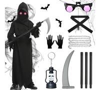 KIMIGO Ensemble Costume de Faucheur aux Yeux Brillants Unisexe pour Enfants,Grim Reaper jeu de rôle avec Faucille,pour Halloween Cosplay,Carnaval