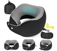KIMIGO Oreiller de Voyage Ergonomique en Mousse à Mémoire - Coussin de Voyage,Soutien Cervical 360° Réglable pour Avion/Voiture/Train,Housse Peluche Lavable,Sac,2 Bouchons & Masque pour Les Yeux