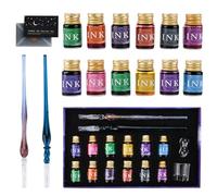 KIMIGO Verre Dip Lot De Stylos,2 Stylos Plume En Verre Calligraphie,12 Encres Couleurs Variées 7 Ml,pour L'art,Les Cartes de Vœux,Les Autographes,Les Cadeaux pour Les Débutants et Les Artistes