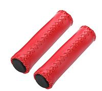 KIMISS Poignées de Vélo Marron Poignées de Vélo en Cuir Marron PU éponge 1 Paire Cousue à la Main PU Vélo Guidon de Vélo Poignées de Guidon avec Prise (Marron) (Rouge)