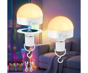 Kimjo 10 W Ampoule Rechargeable E27, 3 Couleurs & RGB, Lot de 2 | Ampoule Rechargeable avec Batterie, Intensité Variable, Ampoules à Batterie, Magnétique Amovible Lampe de Camping Extérieure