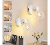 Kimjo Applique Murale Intérieure Rechargeable, Blanc Lampe Murale Sans Fil | Applique Murale Rechargeable USB, Métal Luminaire Murale Moderne avec Télécommande & Ampoule E14 pour Chambre Salon, Lot de 2
