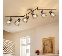 Kimjo Plafonnier 6 Spots Led Orientable - Luminaire Cuisine Plafonnier LED 6 Spot - Plafonnier Bois et Noir Luminaire Spot Plafond E14 - Rampe de Spots Applique Murale Chambre Sans Ampoule