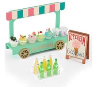 kimo Mini camion de crème glacée avec 7 smoothies et 6 bouteilles de boisson - Vitrine et panneau en bois pour maison de poupée, jeu de rôle et nourriture de simulation