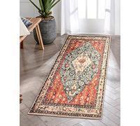 KIMODE Tapis bohème - 60 x 130 cm - Lavable - À poils courts - Pour chambre à coucher - En laine synthétique douce - Antidérapant - Style vintage - Pour salon, salle à manger - Rouge