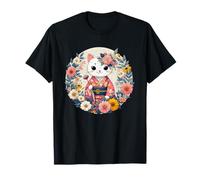 Kimono Chat avec Fleurs Japonais Kawaii Art T-Shirt
