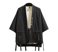 Kimono Chemisier japonais pour homme Samurai Ninja Anime T-shirt court Kimono Vêtements de nuit Tops Hommes Japon Happi Haori Veste demi-saison Cardiqan été, Noir , XL