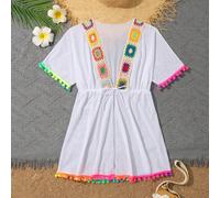 Kimono couvre-tout en maille contrastée au crochet avec ourlet à pompons et cordon de serrage à la taille pour jeunes filles 8Y,9Y,10Y,11Y,12YFloral,PlantesTissu en tulle