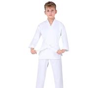 Kimono de karaté Complet pour garçons, Tenue d'entraînement de Taekwondo en Coton Respirant avec Ceinture, Pantalon et Veste, adapté aux Arts Martiaux des Enfants de 3 à 8 Ans (White, 5-6 Years)