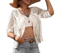 Kimono de plage long en dentelle florale avec crochet pour femme, avec demi-manches - Cache-maillot de bain SMDPPWDBB, Blanc-a, Taille Unique