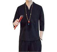 Kimono de style japonais pour homme, chemise courte à manches mi-longues, en coton respirant, cardigan à plumes de yukata d'été japonais, Noir , XL