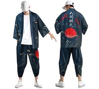 Kimono d'été 2 pièces pour homme - Manches courtes - Tenue de loisirs - T-shirt d'entraînement - Short - Ensemble de peignoir japonais - Cardigan imprimé traditionnel - Veste classique - Robe - Haut
