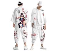Kimono d'été 2 pièces pour homme - Manches courtes - Tenue de loisirs - T-shirt d'entraînement - Short - Ensemble de peignoir japonais - Cardigan imprimé traditionnel - Veste classique - Robe - Haut