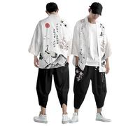 Kimono d'été 2 pièces pour homme - Manches courtes - Tenue de loisirs - T-shirt d'entraînement - Short - Ensemble de peignoir japonais - Cardigan imprimé traditionnel - Veste classique - Robe - Haut