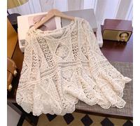 Kimono en crochet style bohème avec motif floral 3D géométrique et franges ondulées sur l'ourlet, avec design épaules dénudées surdimensionné, parfait pour les vacances à la plage et les sorties au ca