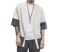 Kimono,Homme Grande Taille Manche 3/4 Lin Rétro Hanfu Japonais Robe Veste Beige 5XL