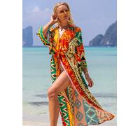 Kimono imprimé pour la plage, cover-up pour les maillots de bain, style boho, long, luxe, ceinturé, cape, vacances, soldes rainbow