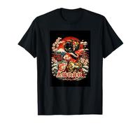 Kimono Japonais Kabuki Chat Noir Style Ukiyo-e Pagode Cerise T-Shirt