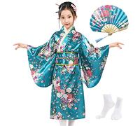 Kimono Japonais pour Filles - Robe Yukata Satin Enfants - Robe de Soirée Anime avec Ventilateur Pliant et Chaussettes Tabi, Turquoise, 130