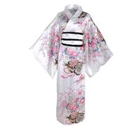 Kimono Japonais Yukata pour Femmes Motif Floral Ceinture - Style Kyoto Banc Fleur, Silky Confortable (Blanc)