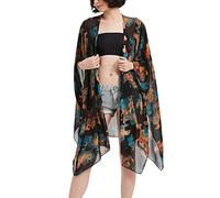 Kimono long en mousseline de soie pour femme Motif floral, Noir avec teinture colorée, taille unique plus