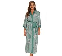 Kimono long en satin pour femme - Imprimé floral, Vert avec motif floral, taille unique
