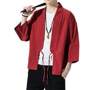 Kimono ouvert en lin pour homme - Couleur unie - Ceinture fine - Manteau décontracté à manches longues - Style rétro - Rouge - Taille M