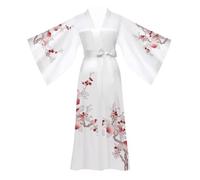 Kimono Satin Femme Robe de Chambre Femme Nuit Kimono Japonais Peignoir Satin Long Manche Longue (Blanc)