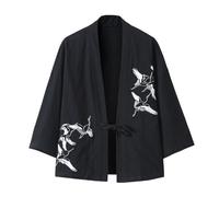 Kimono Traditionnel Japonais pour Homme Haori Veste de Transition Printemps-Été Manches Courtes Cardigan Homme Veste en Maille Noragi Yukata, O Noir., L