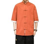 Kimono Veste Homme Traditionnel Chinois Vêtements Lin Hanfu Haut Manches Longues Tang Costume Kung Fu Chemise, Orange, XL
