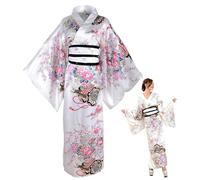 Kimonos pour femmes, pivoine Kimono japonais soyeux imprimé avec ceinture, vêtements japonais traditionnels, robe yukata pour filles cosplay fête (blanc)