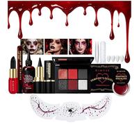KIMUSE Kit Maquillage Halloween Vampire 8 Pièces Avec Faux Sang Et Dents | 6 Fards à PaupièRes, Eye-Liner, Blush, Rouge à LèVres, Teinture à LèVres; Pour SoiréE DéGuiséE, Carnaval, Cosplay Et ThéâTre