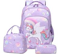 Kimwadalh Licorne Sac à Dos Fille Primaire Sacs Scolaires Cartable Licornes Enfant Sets de Cartable Filles Primaires CE1 CE2 + Isotherme Panier Repas + Trousse