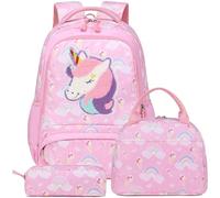 Kimwadalh Sac à Dos Fille Cartable Primaire avec Broderie Licorne Sets Scolaires Enfant CE1 CE2 + Isotherme Panier Repas + Trousse