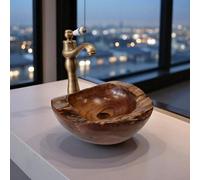 Kinaree Lavabo rond en bois de teck unique - Bol en bois de racine fait à la main de 30 cm de diamètre - Pour salle de bain - Vasque à poser en bois massif naturel - Vasque design en Indonésie