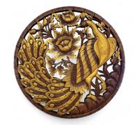 Kinaree Tableau mural rond en bois - Décoration murale en bois massif sculpté à la main - Sculpture asiatique de 90 cm de diamètre - Décoration pour salon, couloir ou salle de méditation