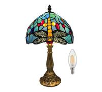 Kinbolas Petite lampe de table de style Tiffany, lampe de chevet vintage, lampe de décoration de chambre à coucher, lampe de table art déco, verre coloré bleu, abat-jour en verre coloré, 20 cm, avec