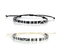 KINBOM 2pcs Bracelets de Plage, 18-36cm Réglables Bracelets de Surfeur à Cordes Boho Bracelet Chevilles Unisexe Faits à la Main Chaîne de Poignet Tressée pour Femmes Hommes (Noir, Blanc)