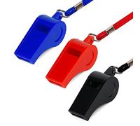 KINBOM 3 Pièces Sifflets en Plastique avec Cordon, Sifflet de Sport pour Entraîneur Survie Urgence Sport pour Arbitre Entraîneur Dressage de Chiens (Rouge, Bleu, Noir)