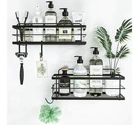 KINCMAX Etagère de Rangement de Douche Lot de 2 - Panier Salle de Bain sans Perçage - Étagère Murale Noire de Rangement pour Douche & Baignoire avec Crochets pour Accessoires (Noir)