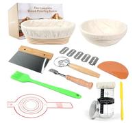 KinConnyen. Kit de démarrage pour levain - Panier rond et ovale - Rotin 100 % naturel - Pot de levain de 600 ml - Lame, fouet à pâte, grattoirs et brosse - Emballage cadeau