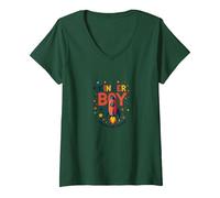 Kinder Boy Adventure Commence Son Voyage dans Une fusée Cosmique T-Shirt avec Col en V, Femme, Vert Forêt, L