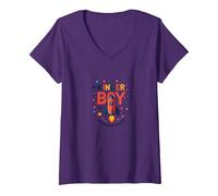 Kinder Boy Adventure Commence Son Voyage dans Une fusée Cosmique T-Shirt avec Col en V, Femme, Violet, L