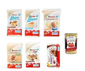 Kinder Ferrero Mega pack, Brioss, paneciok, kornetti, Gâteau avec lait et cacao 6 morceaux de biscuits au chocolat biscuits + Italian Gourmet polpa 400g