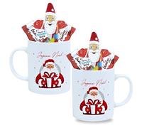 KINDER Noël | 2 Mugs Festifs garnis d''Assortiment de 20 Chocolats Schokobons + Mini-Bueno + 1 Figurine Père Noël Chocolat | Coffret Cadeau Gourmand