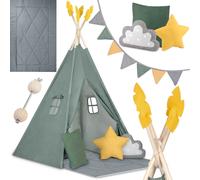 Nukido – Tente tipi enfant verte avec guirlande, coussins, grand tapis, stabilisateur