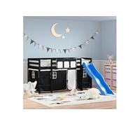 Vidaxl Lit Mezzanine Enfants Et Rideaux Blanc/Noir 90x190cm Pin Massif Multicolore