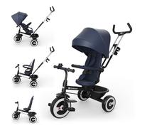 Kinderkraft Aston 2 Pro Tricycle Poussette, Assise pivotante 360° Click & Twist, Position Semi-allongée Face et Dos à la Route, pédales Libres, Capote avec fenêtre, Marine