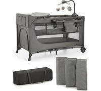 Kinderkraft JOY 2 Lit d'enfant 3 en 1 avec accessoires - Pliable - Lit de bébé et de voyage - 2 niveaux - Mobile, matelas à langer et organiseur inclus - Gris